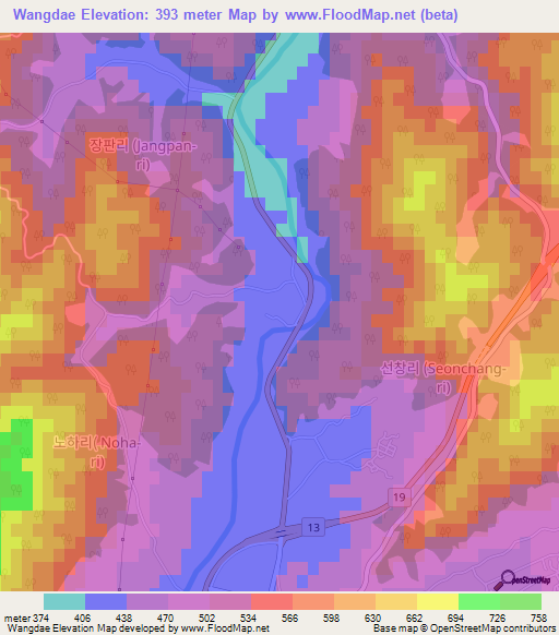 Wangdae,South Korea Elevation Map