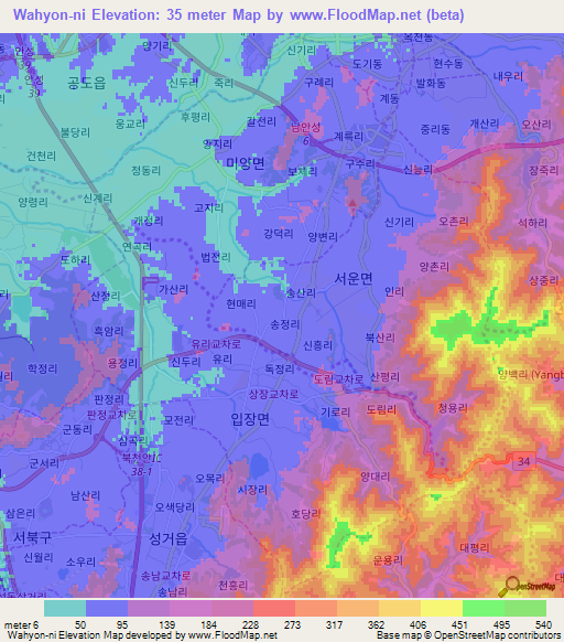 Wahyon-ni,South Korea Elevation Map