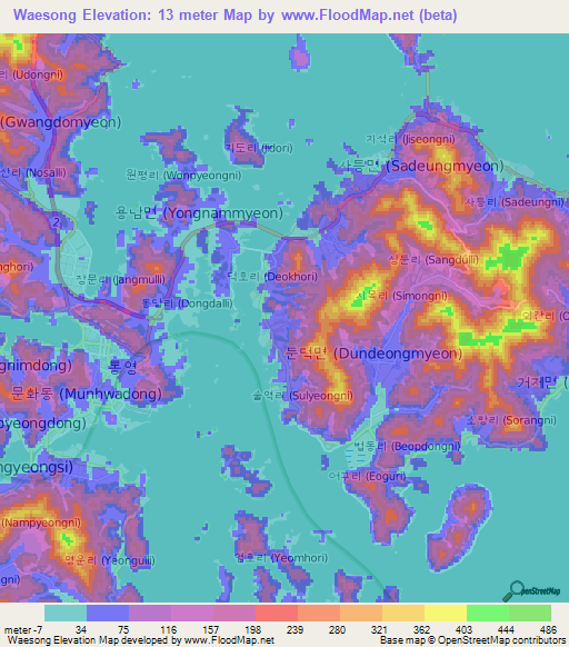 Waesong,South Korea Elevation Map