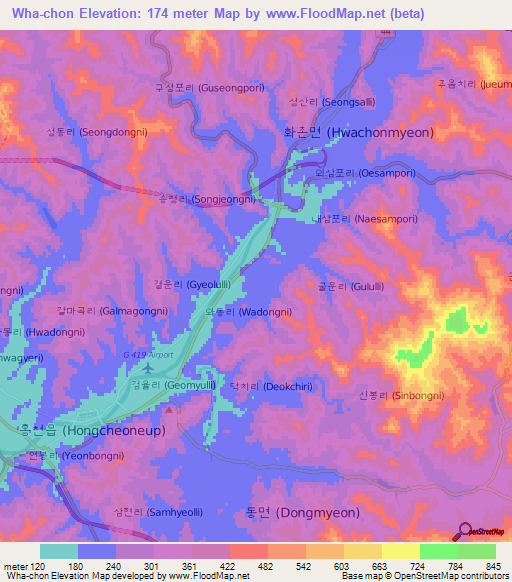 Wha-chon,South Korea Elevation Map