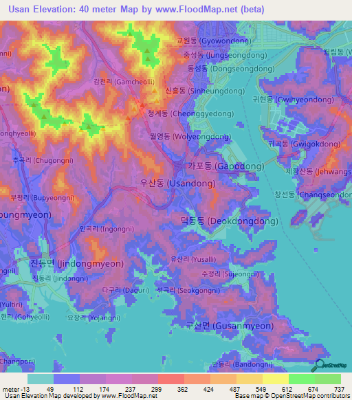 Usan,South Korea Elevation Map