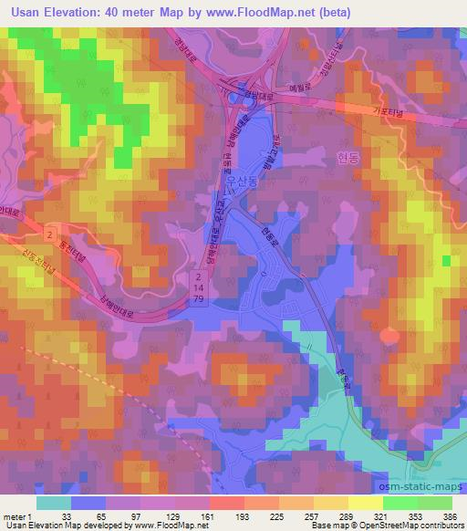 Usan,South Korea Elevation Map