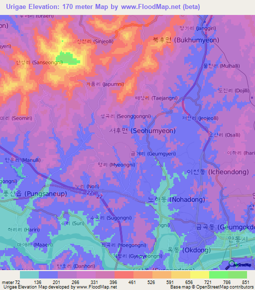 Urigae,South Korea Elevation Map