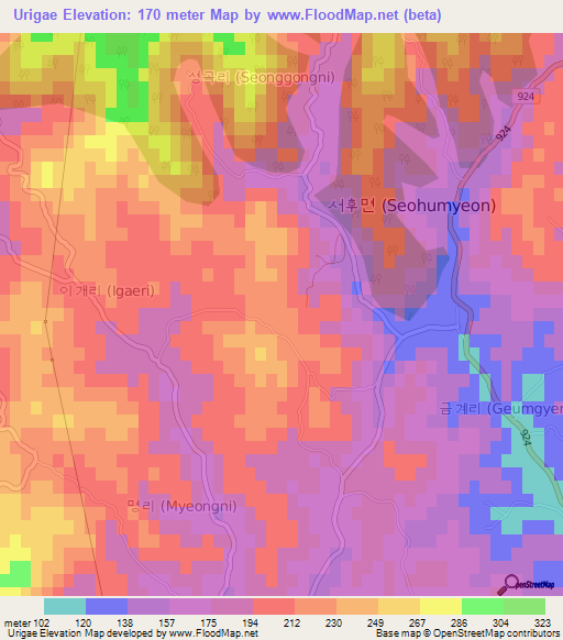 Urigae,South Korea Elevation Map