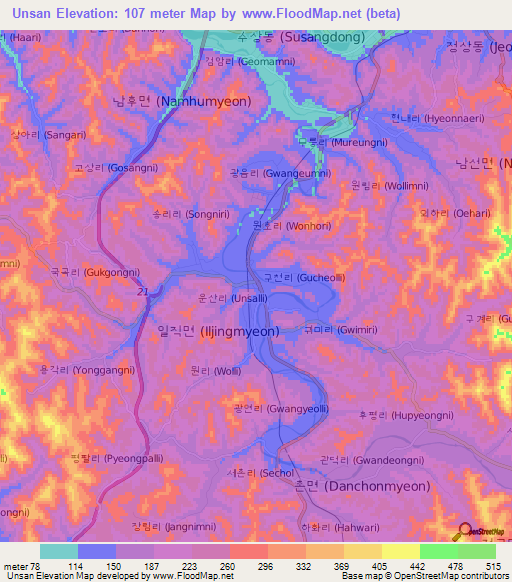 Unsan,South Korea Elevation Map