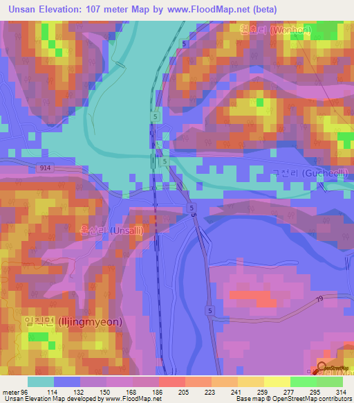 Unsan,South Korea Elevation Map