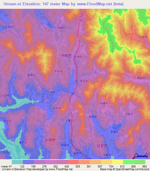 Unnam-ni,South Korea Elevation Map