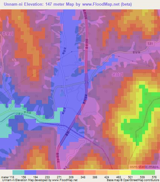 Unnam-ni,South Korea Elevation Map