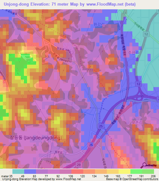 Unjong-dong,South Korea Elevation Map