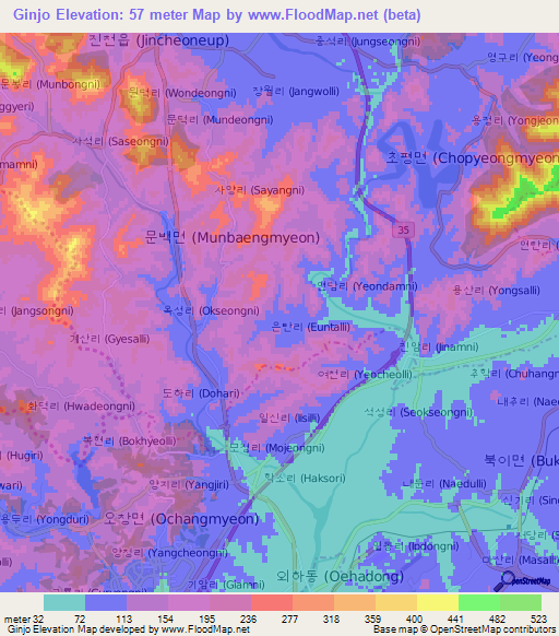 Ginjo,South Korea Elevation Map