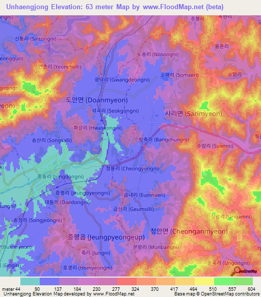 Unhaengjong,South Korea Elevation Map