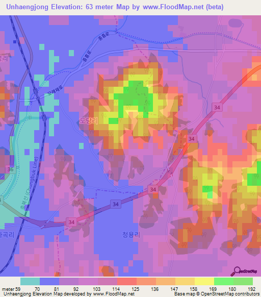 Unhaengjong,South Korea Elevation Map