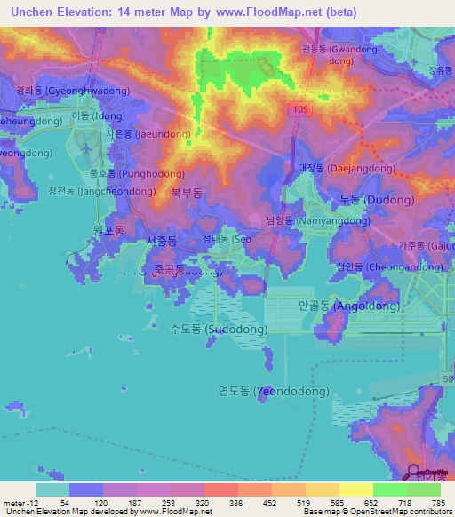 Unchen,South Korea Elevation Map