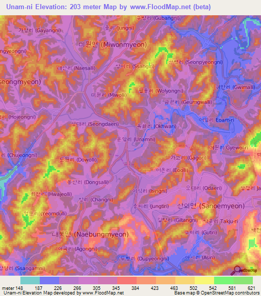 Unam-ni,South Korea Elevation Map