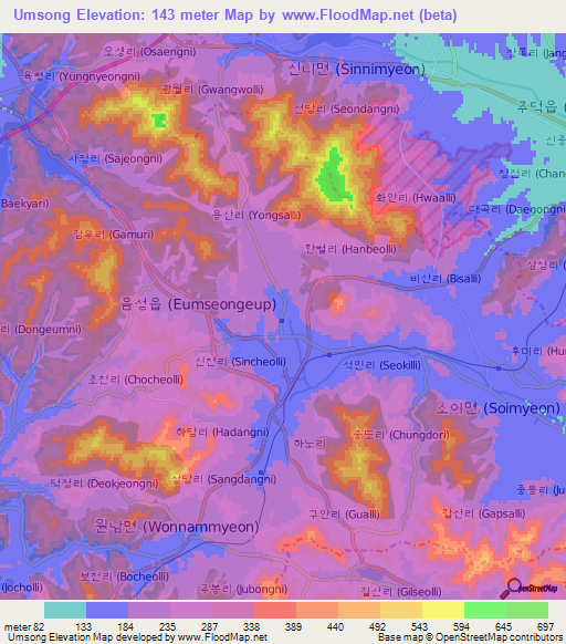 Umsong,South Korea Elevation Map