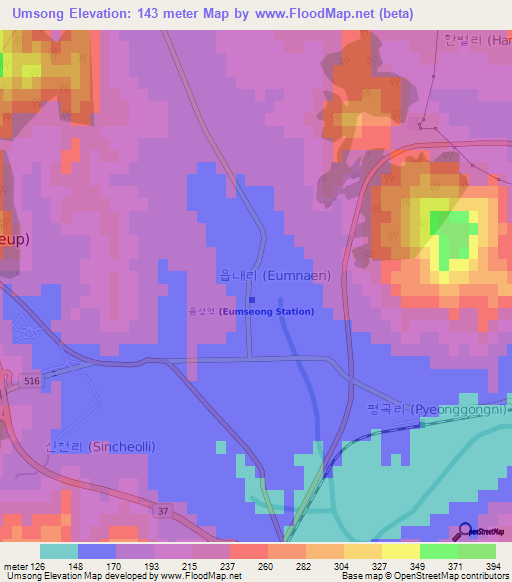 Umsong,South Korea Elevation Map