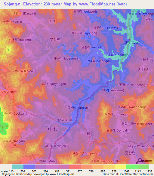 Sojang-ni,South Korea Elevation Map