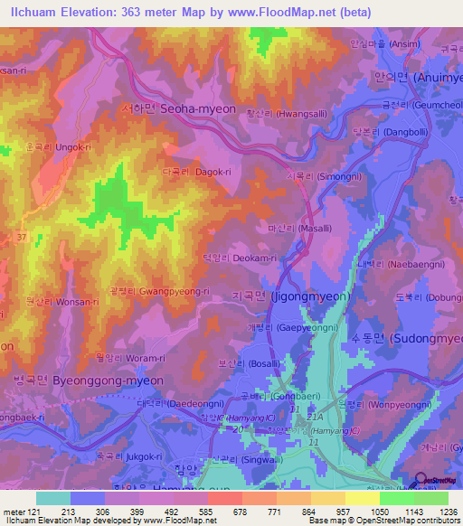 Ilchuam,South Korea Elevation Map