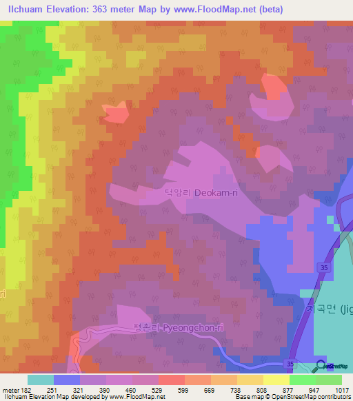 Ilchuam,South Korea Elevation Map