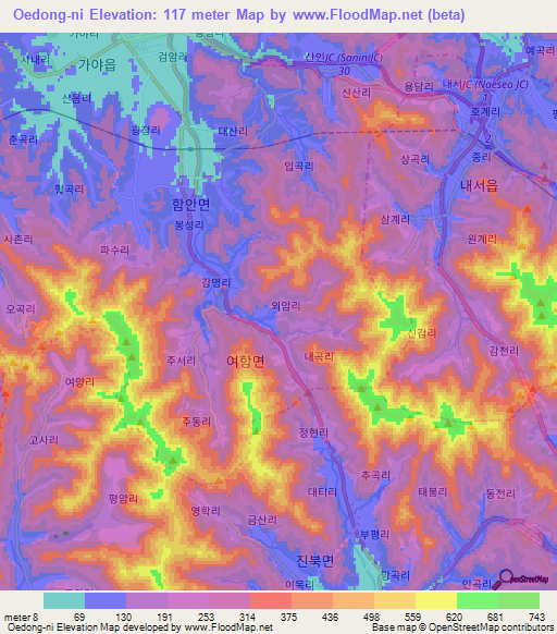 Oedong-ni,South Korea Elevation Map