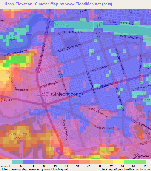 Ulsan,South Korea Elevation Map