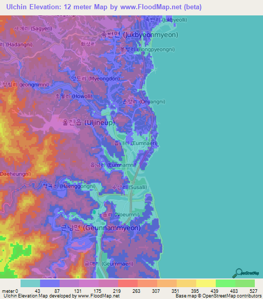 Ulchin,South Korea Elevation Map