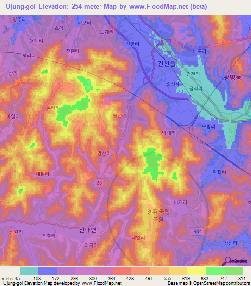 Ujung-gol,South Korea Elevation Map