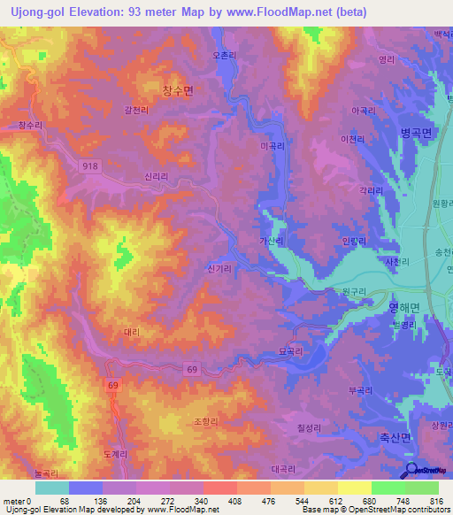 Ujong-gol,South Korea Elevation Map