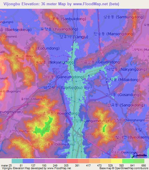 Vijongbu,South Korea Elevation Map