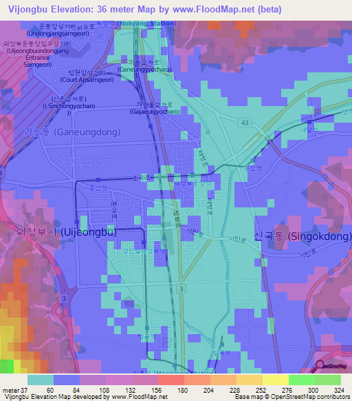 Vijongbu,South Korea Elevation Map