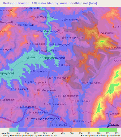 Ui-dong,South Korea Elevation Map