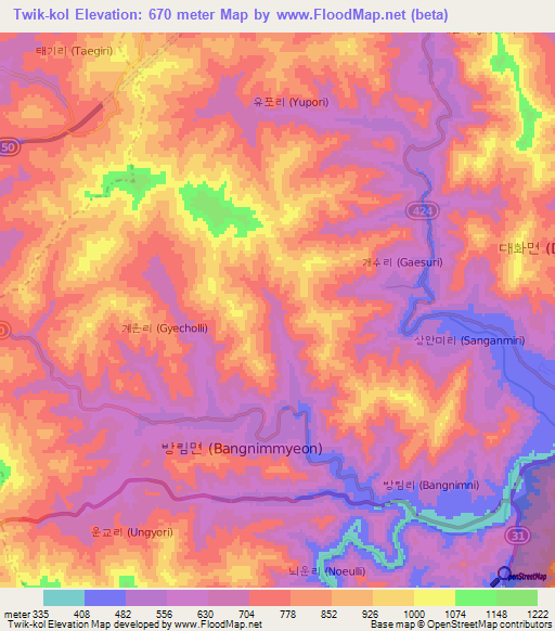 Twik-kol,South Korea Elevation Map