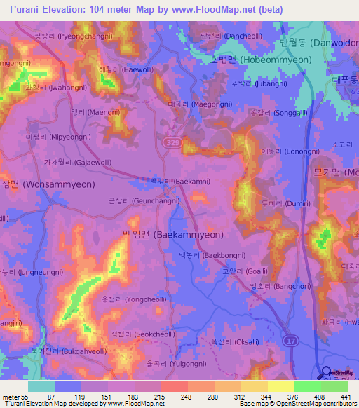 T'urani,South Korea Elevation Map