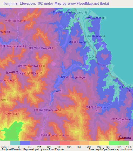 Tunji-mal,South Korea Elevation Map