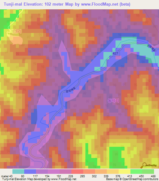 Tunji-mal,South Korea Elevation Map