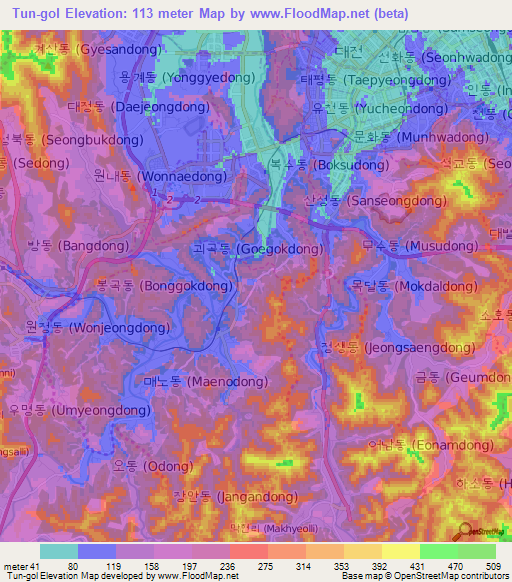 Tun-gol,South Korea Elevation Map