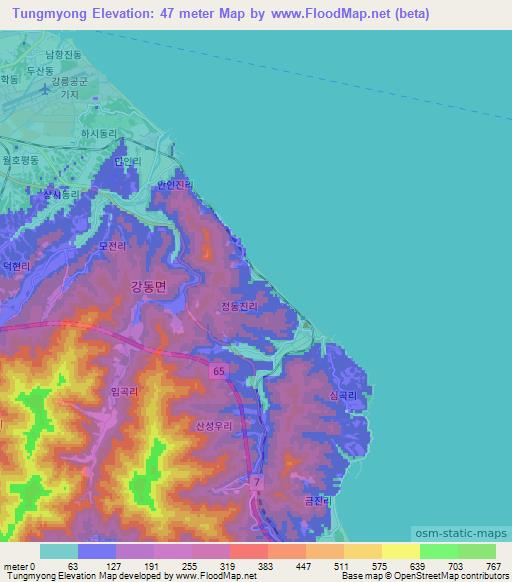 Tungmyong,South Korea Elevation Map