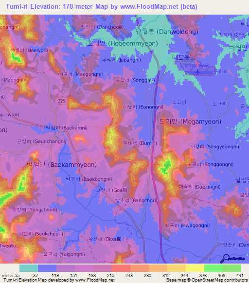 Tumi-ri,South Korea Elevation Map