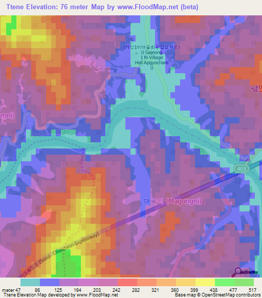 Ttene,South Korea Elevation Map