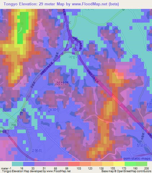 Tongyo,South Korea Elevation Map