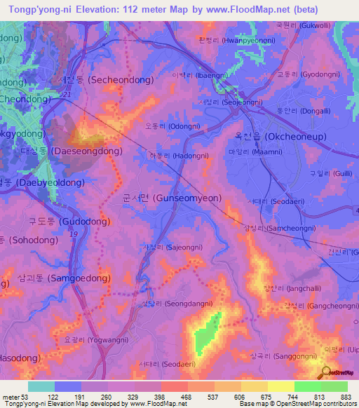 Tongp'yong-ni,South Korea Elevation Map