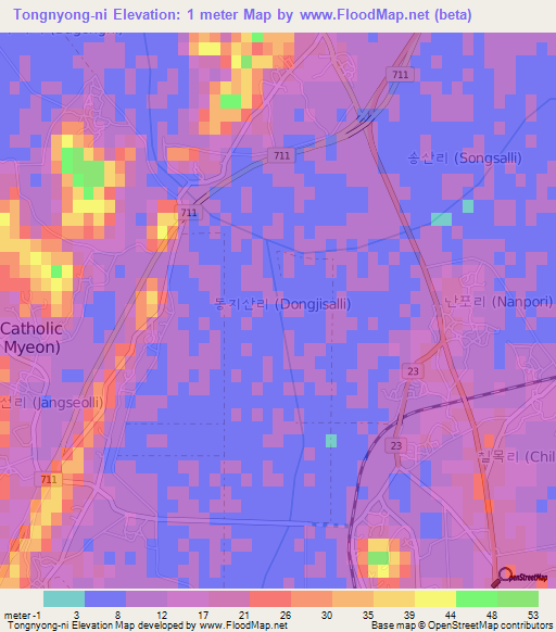 Tongnyong-ni,South Korea Elevation Map
