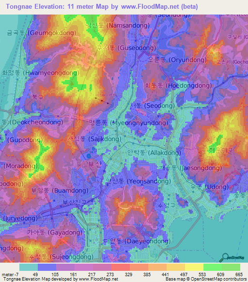 Tongnae,South Korea Elevation Map