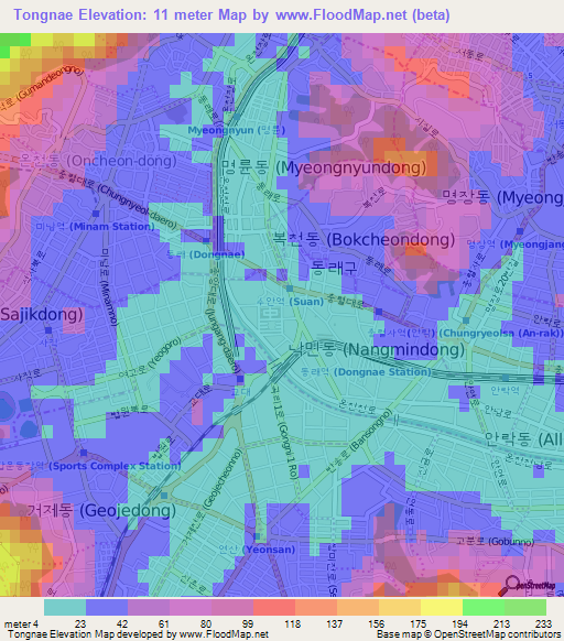 Tongnae,South Korea Elevation Map