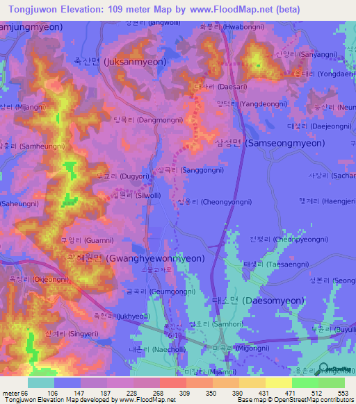 Tongjuwon,South Korea Elevation Map