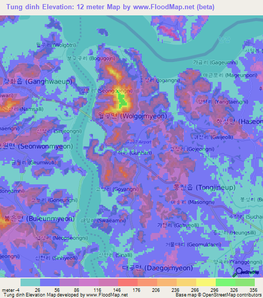 Tung dinh,South Korea Elevation Map