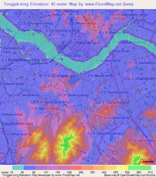 Tongjak-tong,South Korea Elevation Map