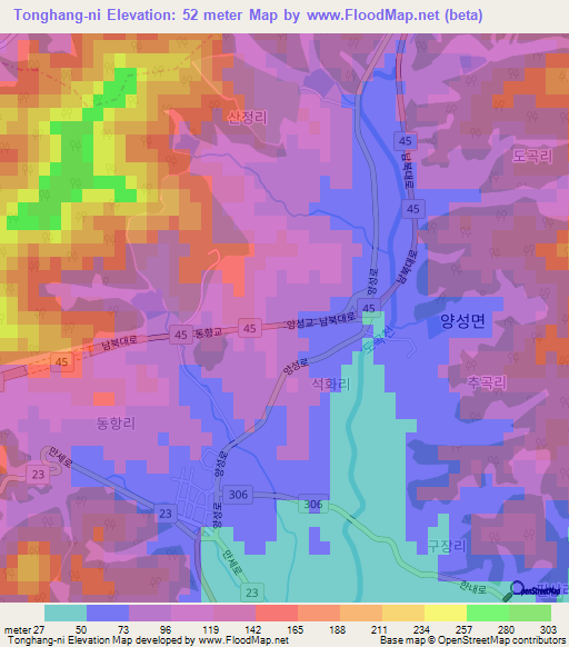 Tonghang-ni,South Korea Elevation Map