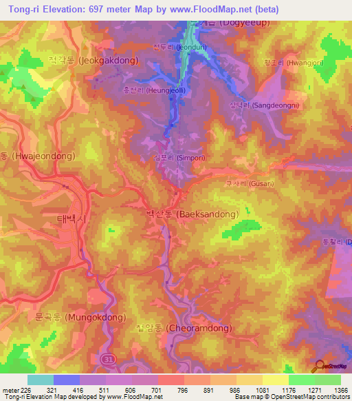 Tong-ri,South Korea Elevation Map