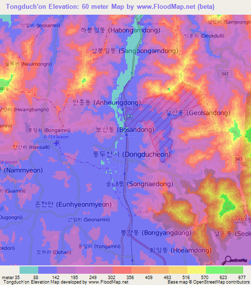 Tongduch'on,South Korea Elevation Map